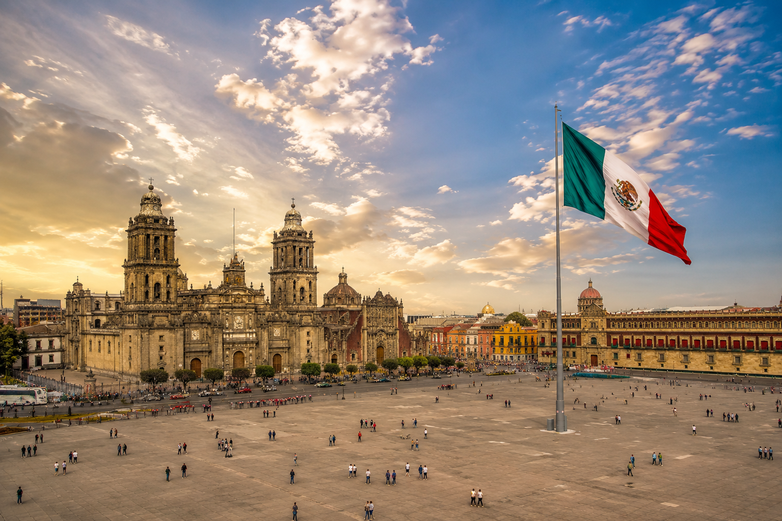 Zócalo CDMX al atardecer con la Catedral y la bandera