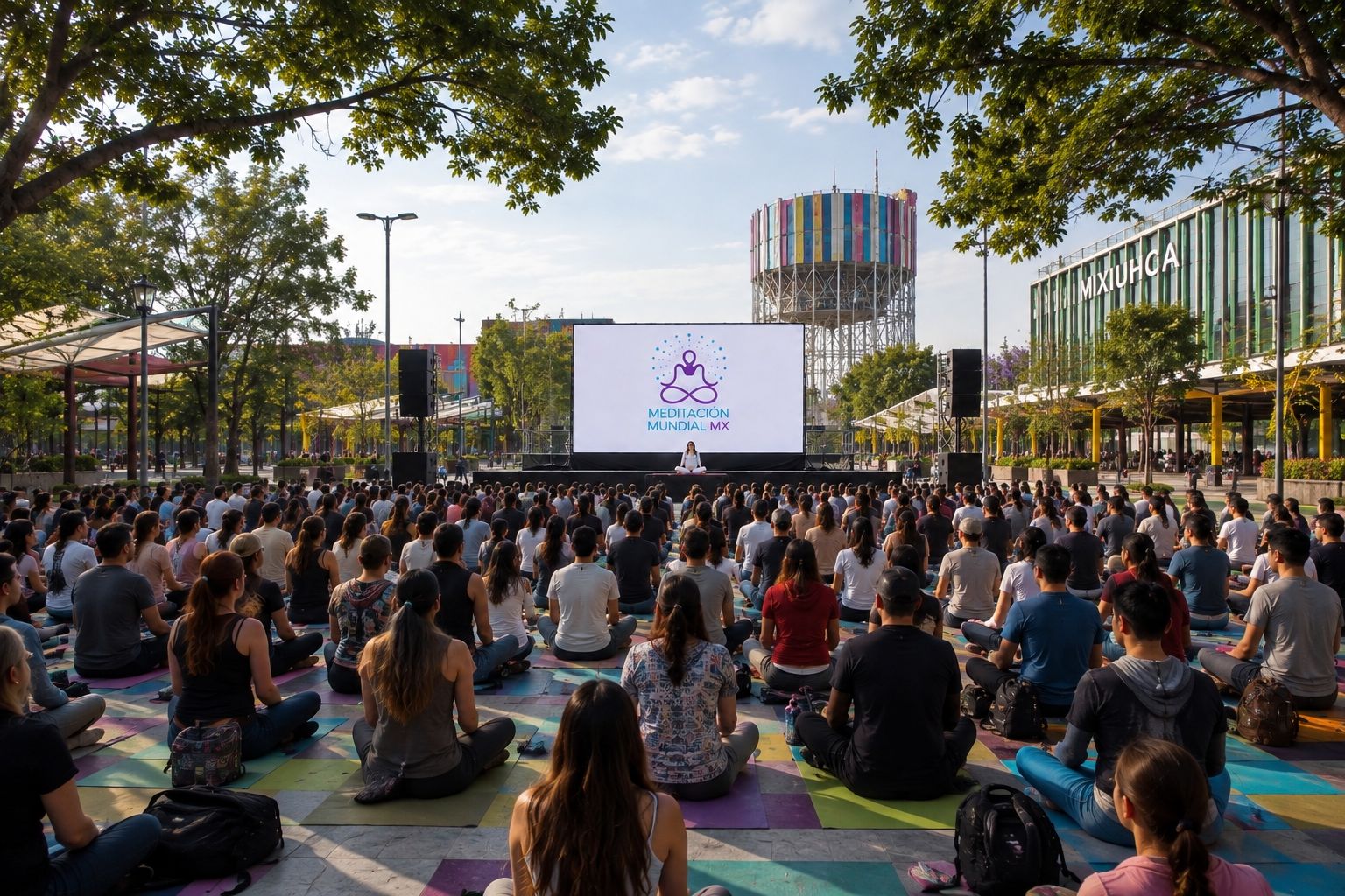Cientos de personas meditando sentadas frente a un escenario en una Utopía de la Ciudad de México